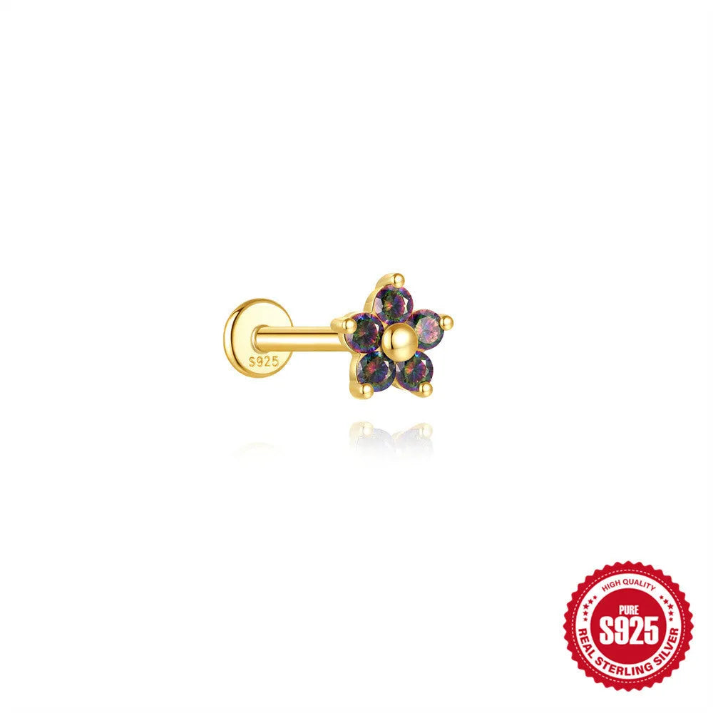 S925 sterling silver flat head thread piercing earring with rainbow stone in geometric design