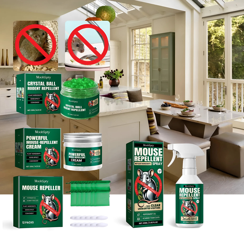 60ml bottle of natural rat repellent spray with ingredients including clove oil and peppermint oil.