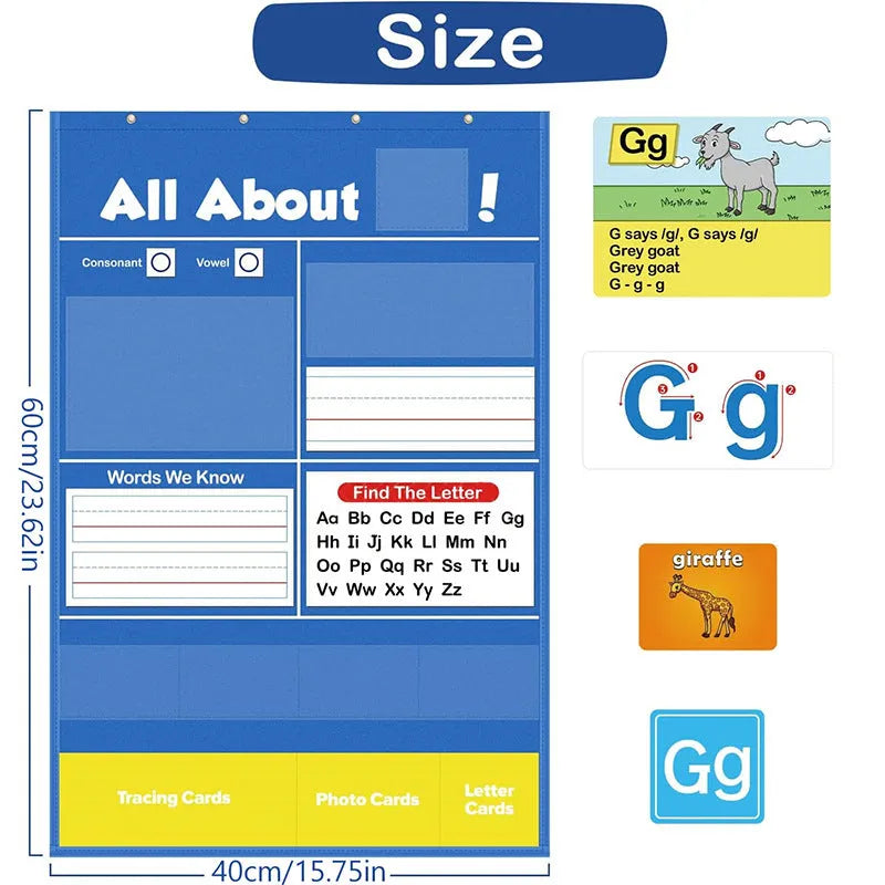 Alphabet learning chart with word cards, letter cards, and picture cards laid out for educational play.