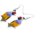 Blue Titmouse pendant earrings with geometric and snake designs on acrylic