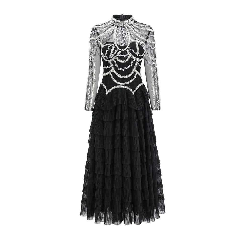 Women's black polyester beaded long sleeve formal dress with mid-waist design