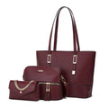 Three women's shoulder bags in black, brown, and light gray colours with folding design and PU material