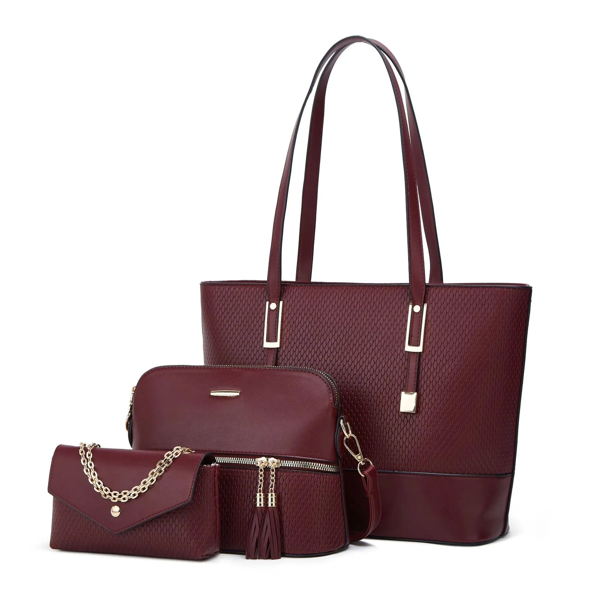 Three women's shoulder bags in black, brown, and light gray colours with folding design and PU material