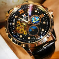 Men's black and rose gold automatic mechanical watch with genuine leather strap and transparent case back