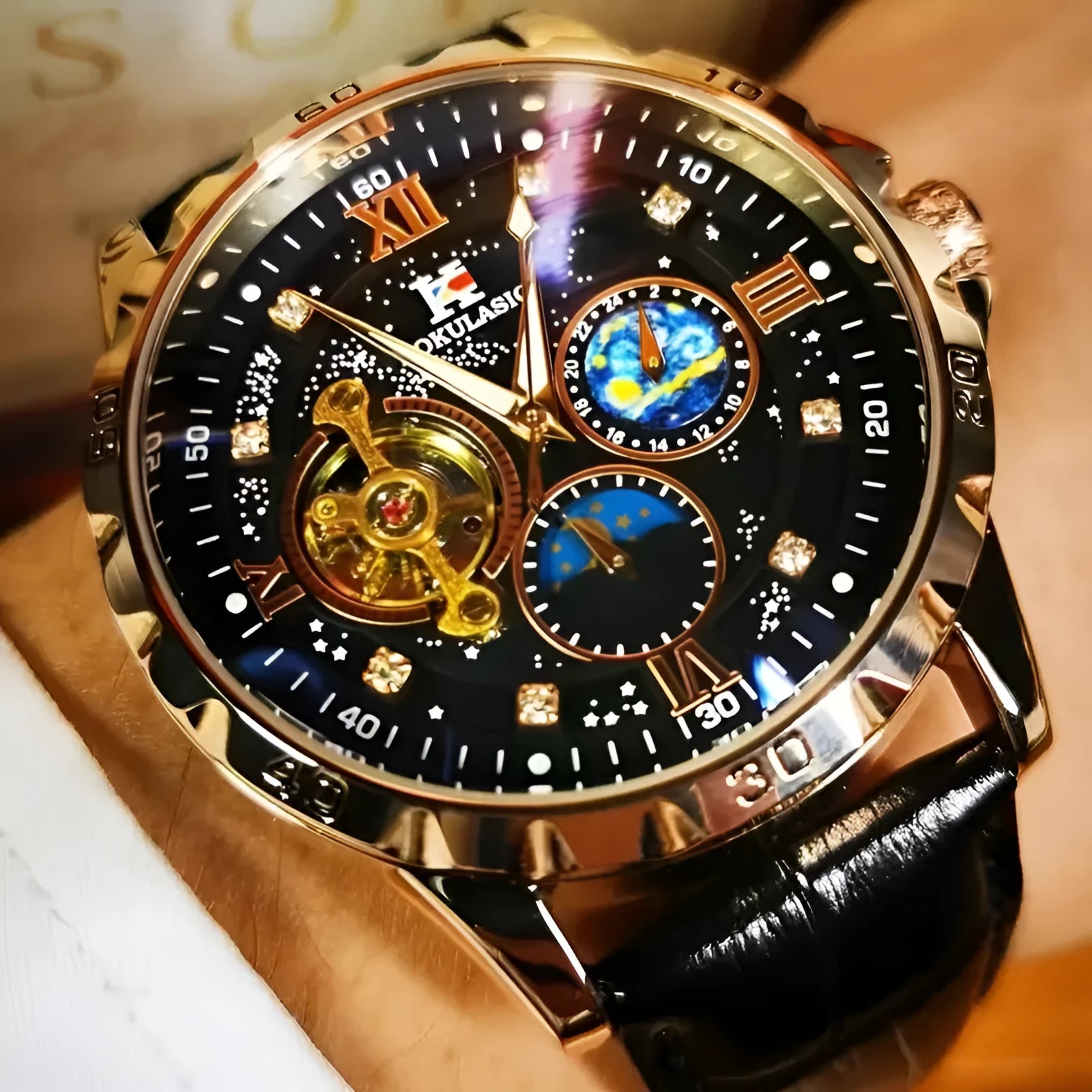 Men's black and rose gold automatic mechanical watch with genuine leather strap and transparent case back