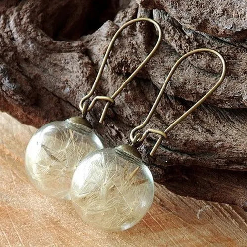 Transparent glass earrings with crystal dandelion seed design on French hooks