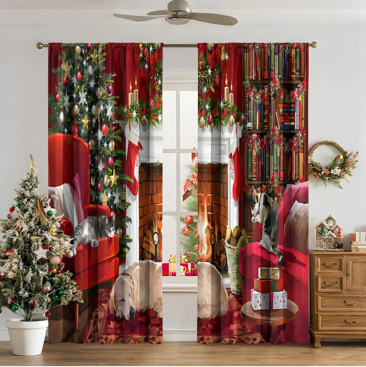 3D digital printed modern Christmas curtain hanging on a window