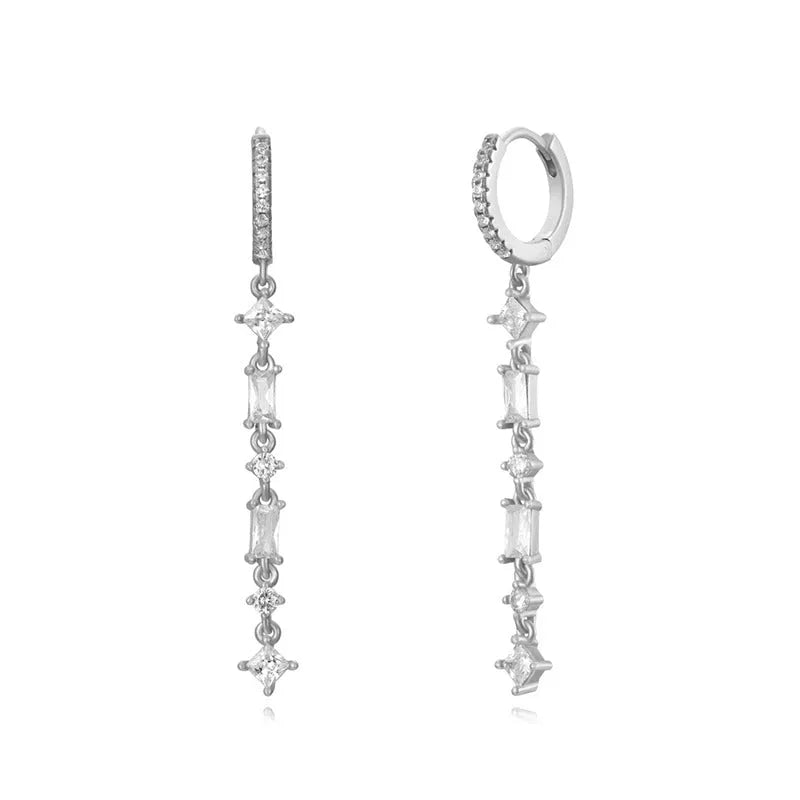 Sterling silver needle earrings with colourful zircon tassel drop design and geometric U-shape