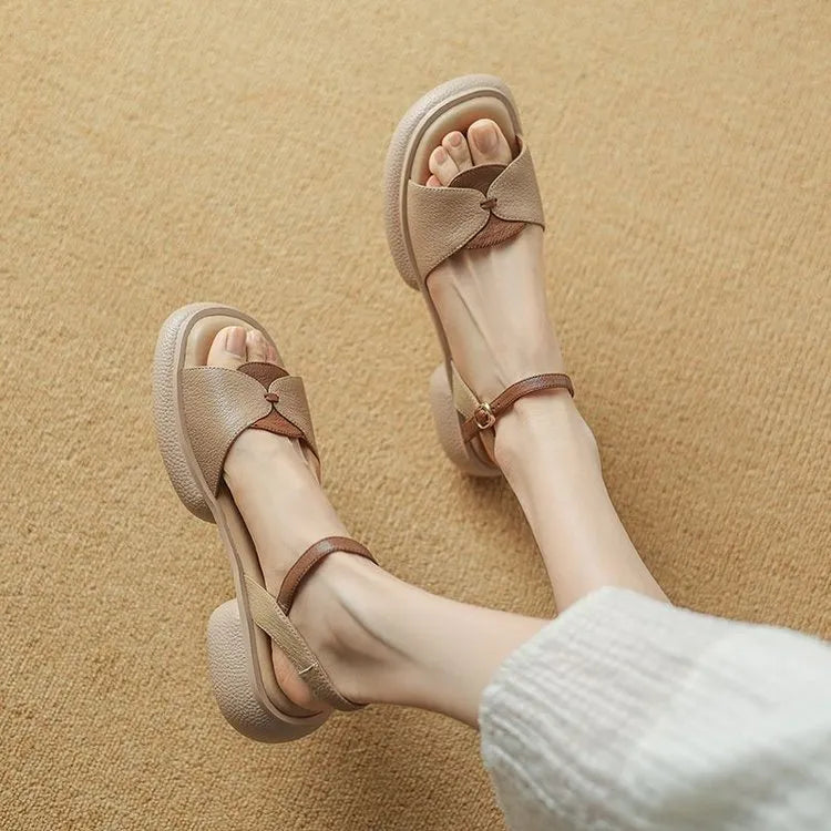 Women's khaki chunky heel platform sandals with open toe and rubber sole.
