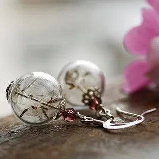 Transparent glass earrings with crystal dandelion seed design on French hooks
