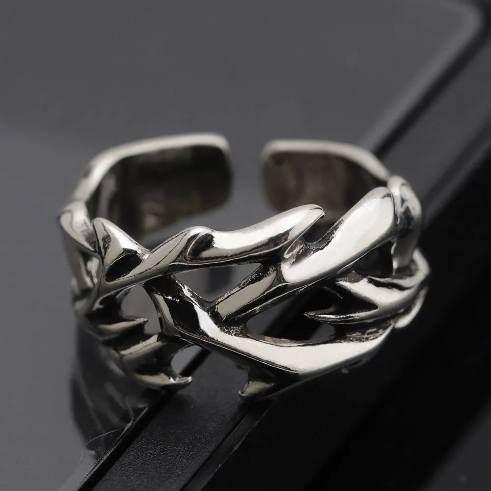 Geometric thorn flower copper men's ring with adjustable opening