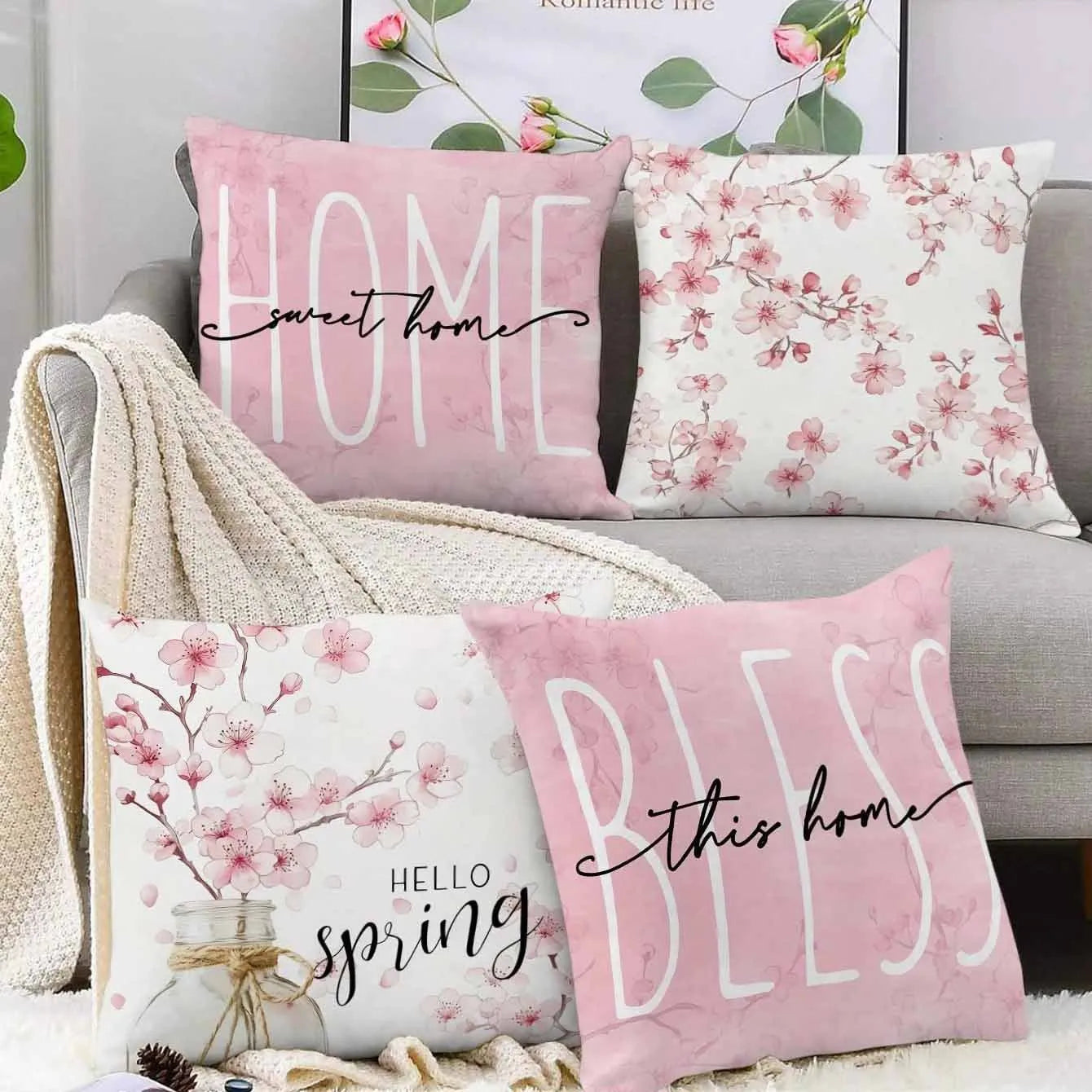 45cm square short velvet cushion cover with spring cherry blossom and letter print in assorted colours.