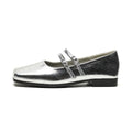 Women's silver genuine leather Mary Jane shoes with a cross buckle strap and low flat heel.