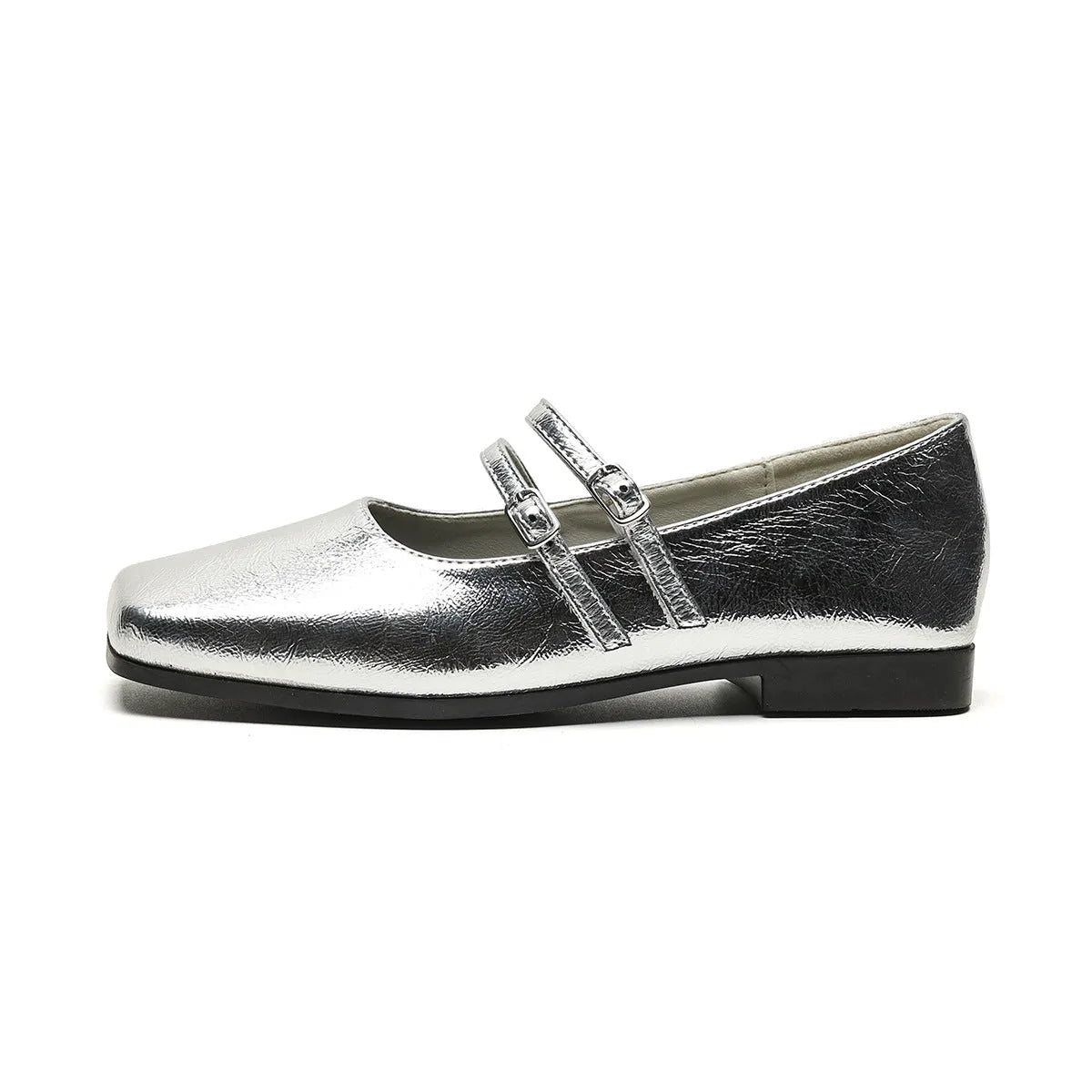 Women's silver genuine leather Mary Jane shoes with a cross buckle strap and low flat heel.