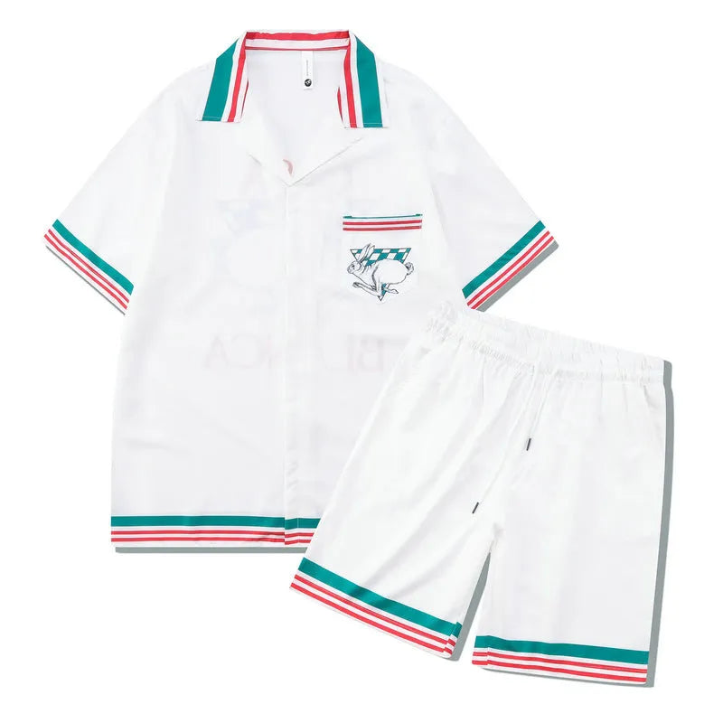 Plaid print beach shirt and trouser outfit set in European American style with short sleeves
