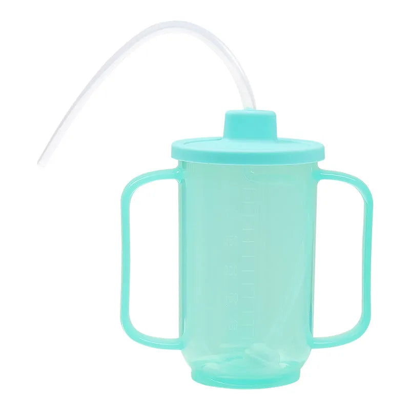 Adult bed drinking cup with oblique anti-choke mouth design and optional wrist splint attachment