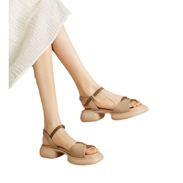 Women's khaki chunky heel platform sandals with open toe and rubber sole.