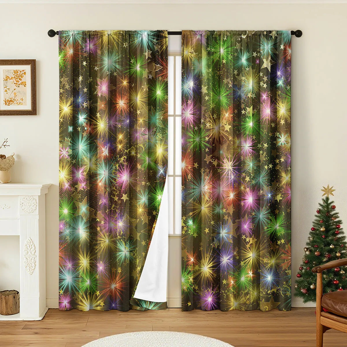 Pair of red and green Christmas theme digitally printed polyester curtains hanging on a window.