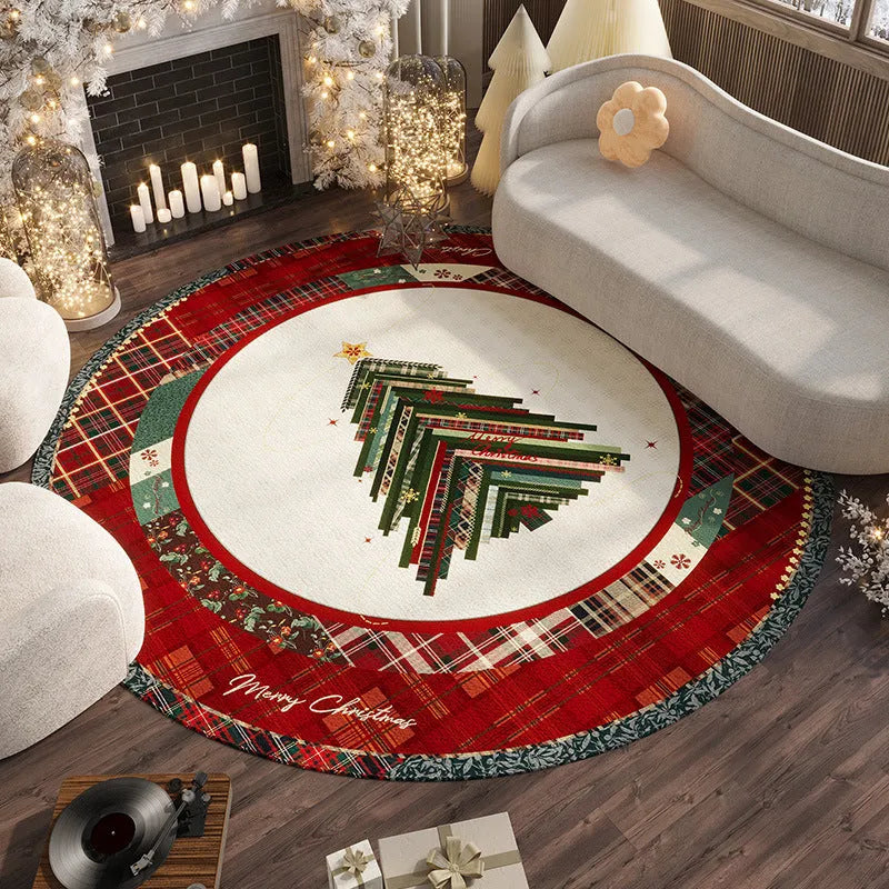 Round red Christmas floor mat with non-slip backing, shown in velvet pile texture.