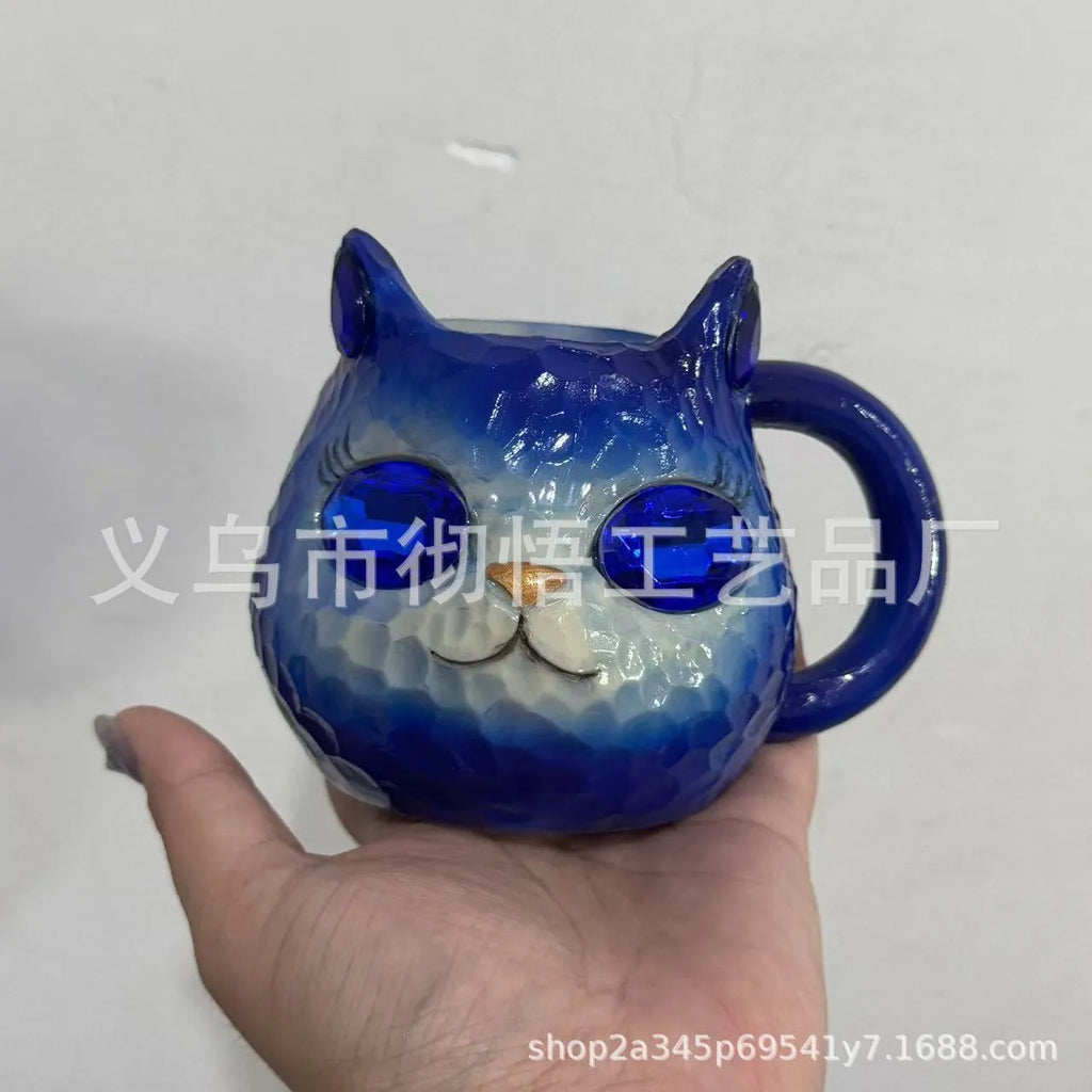 Cat cup resin craft ornament in purple, green, blue, or pink colours for desk display