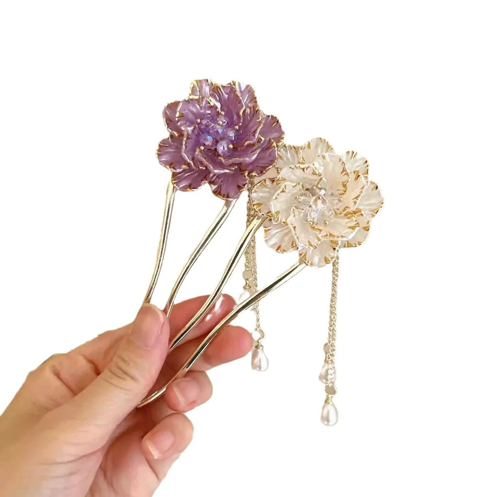 Purple and white peony flower U-shaped hairpin with tassels in retro pastoral style