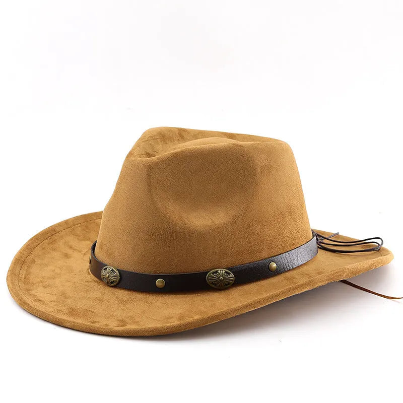 Brown leather velvet western cowboy hat with curved edge and conical crown style