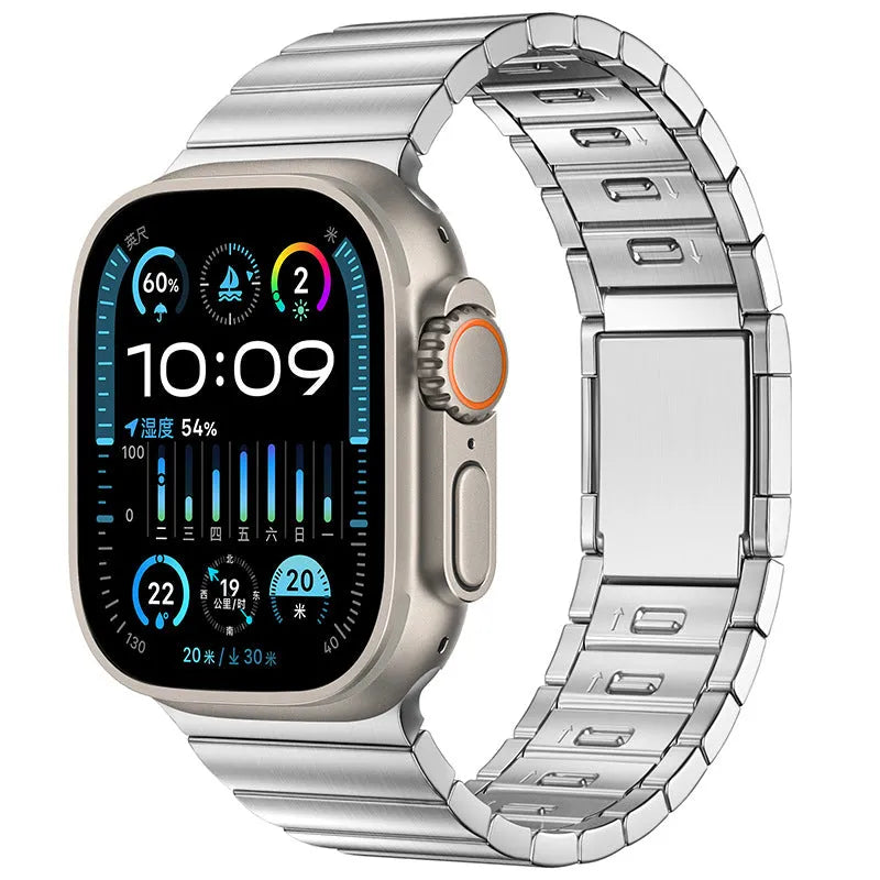 Stainless steel Apple Watch strap with magnetic buckle in business style.