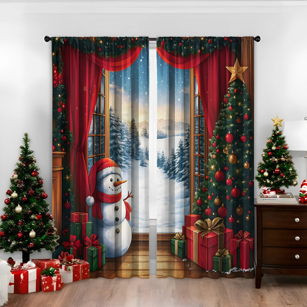 3D digital printed modern Christmas curtain hanging on a window