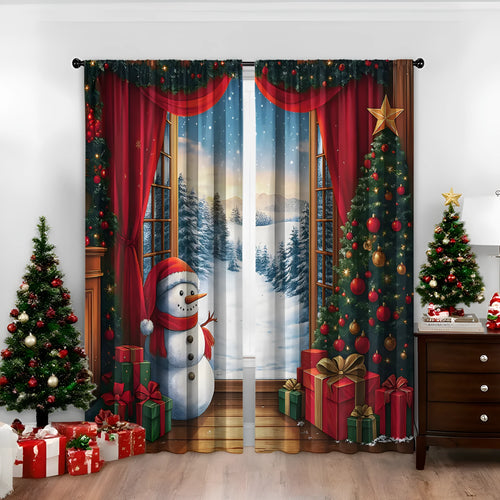 3D digital printed modern Christmas curtain hanging on a window