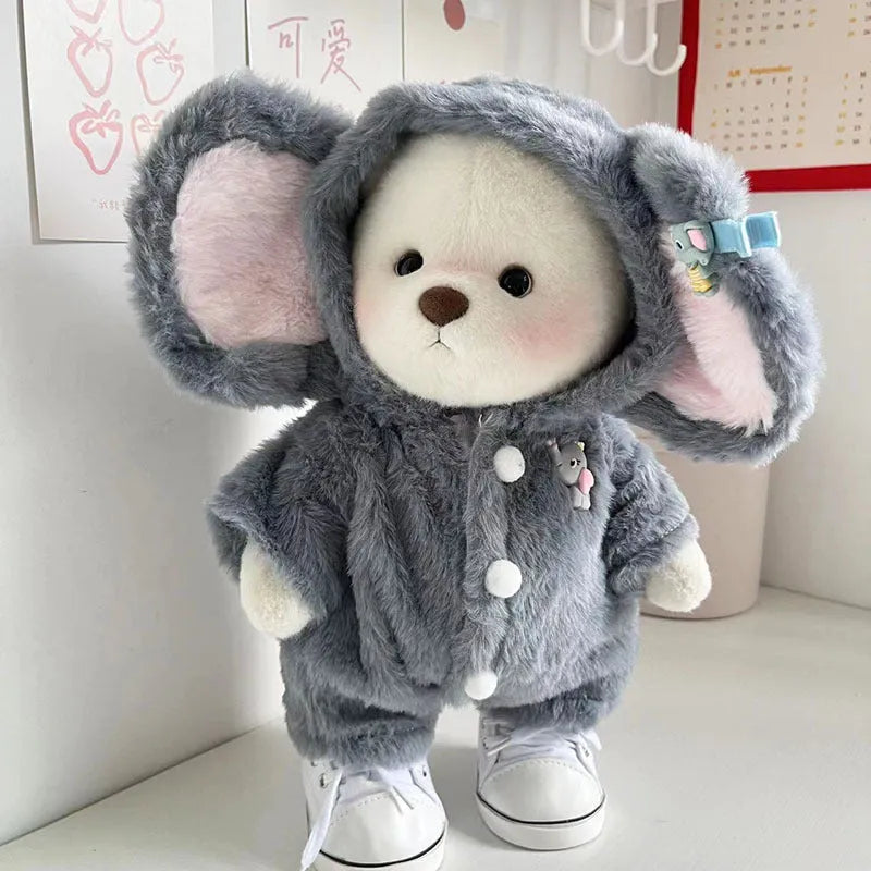 Grey elephant plush jumpsuit suit for a 30cm Lina bear doll on a white background.