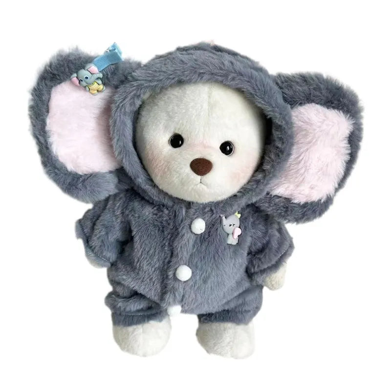 Grey elephant plush jumpsuit suit for a 30cm Lina bear doll on a white background.