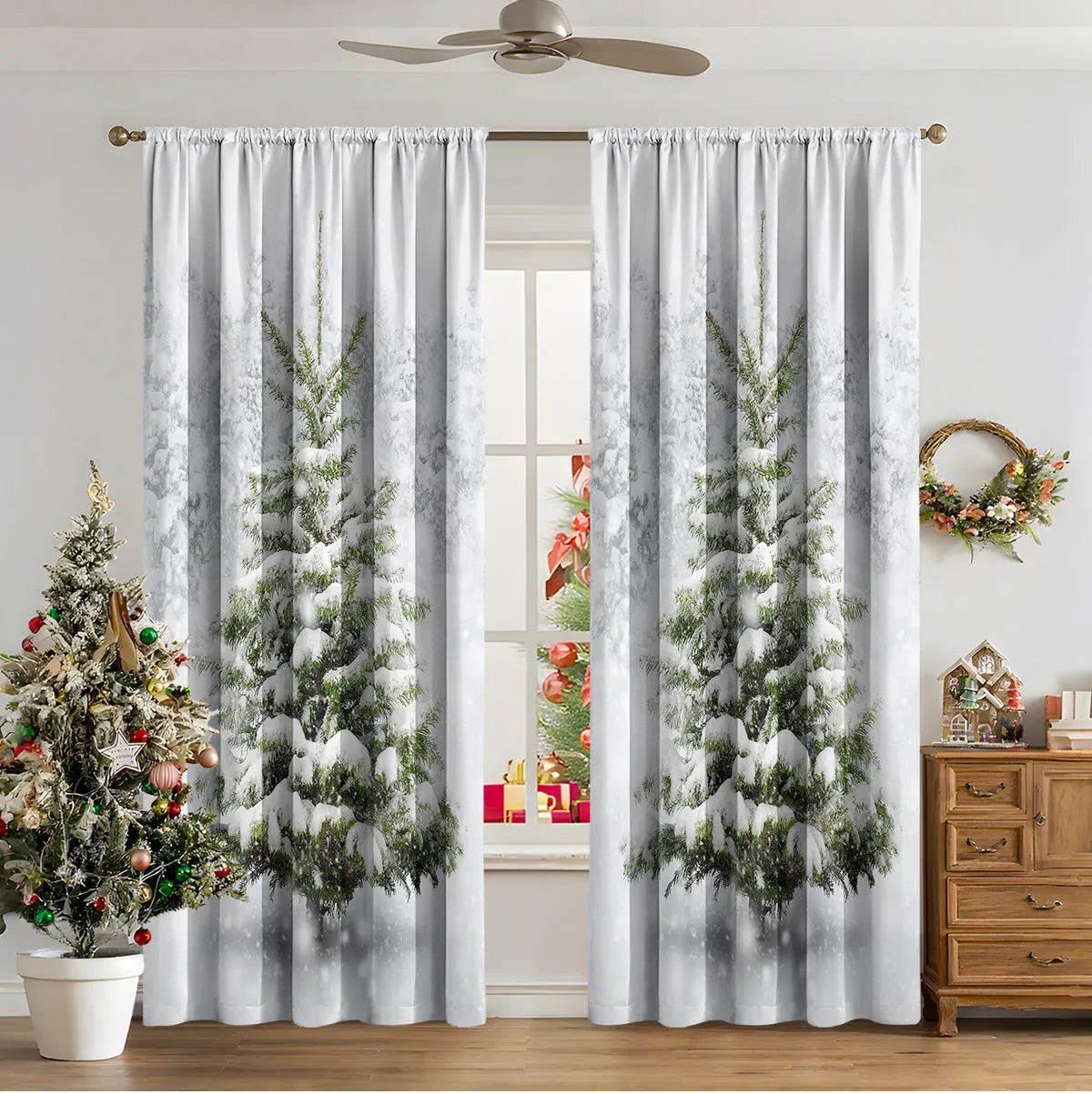 3D digital printed modern Christmas curtain hanging on a window