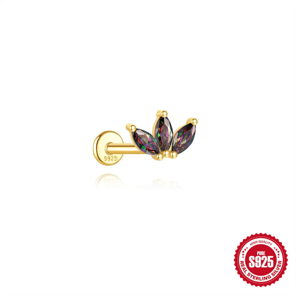 S925 sterling silver flat head thread piercing earring with rainbow stone in geometric design