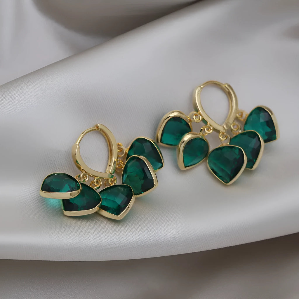 Korean style green heart pendant glass ear clips with copper construction and alloy inlay detailing