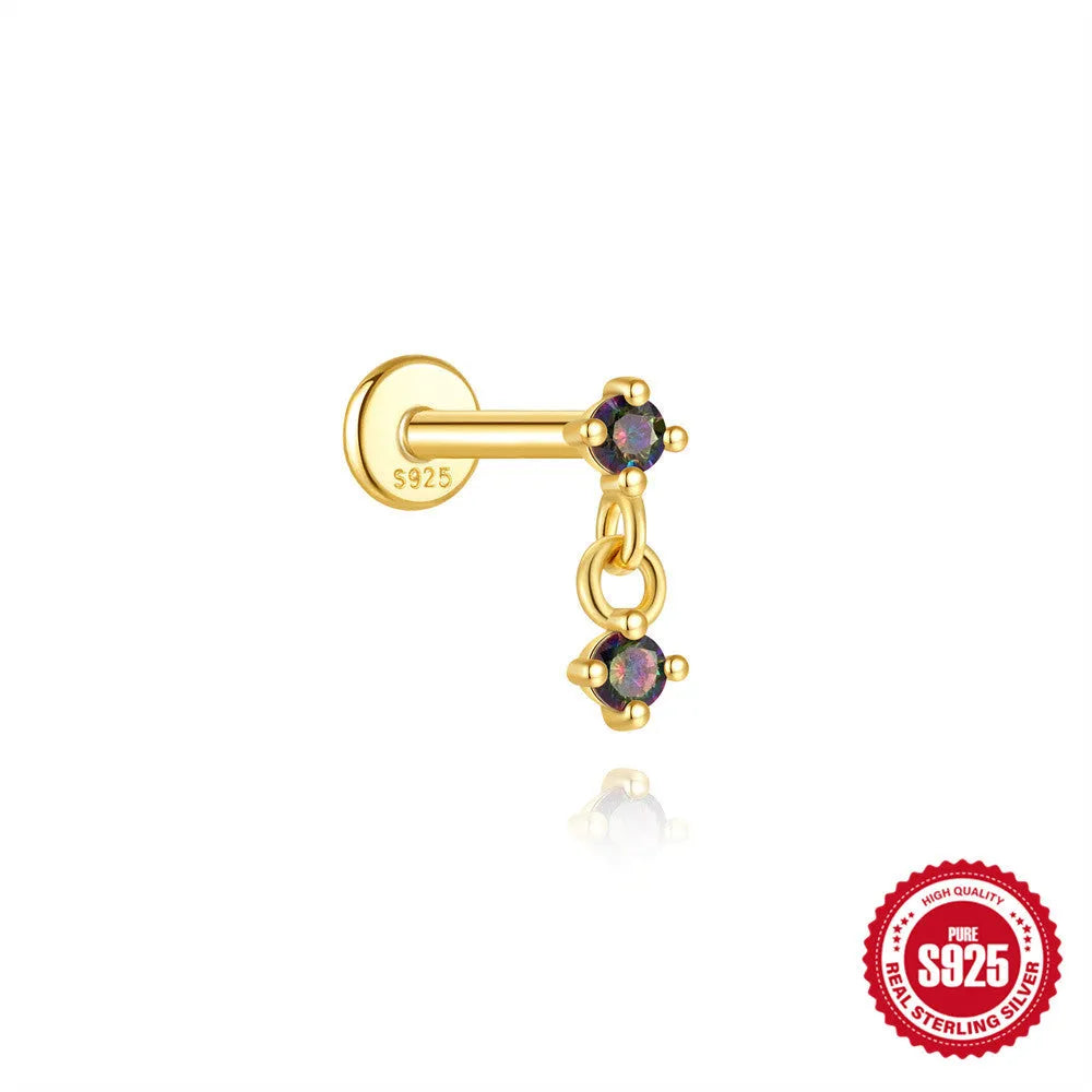 S925 sterling silver flat head thread piercing earring with rainbow stone in geometric design