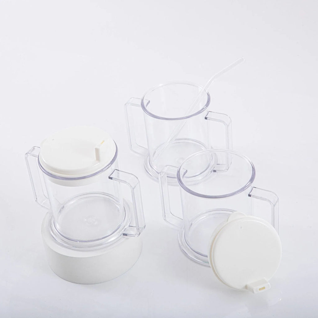 Transparent lightweight plastic drinking cup with spill-proof design on a plain background