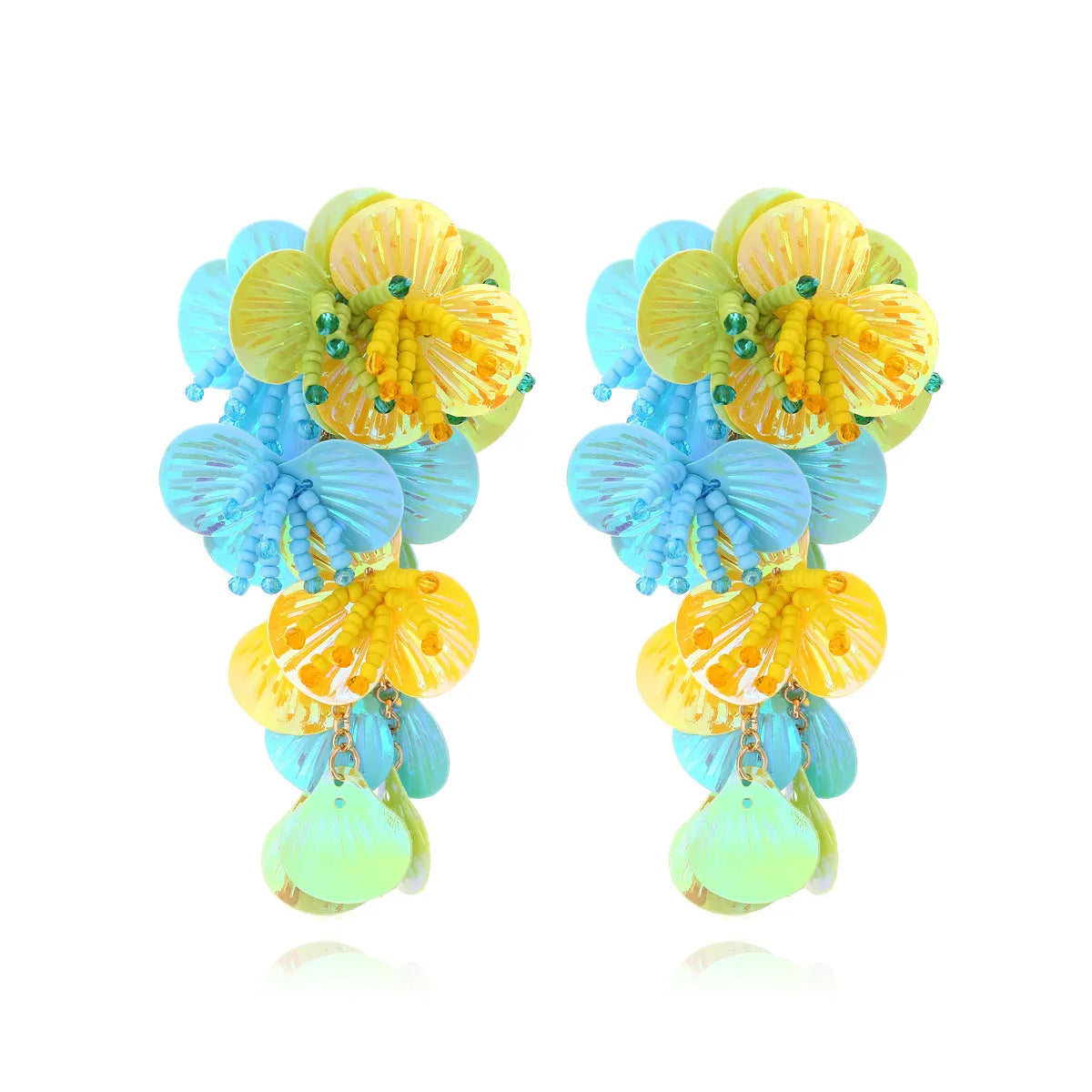 Handmade beaded flower earrings with floral and leaf designs in colourful, rose or purple colours