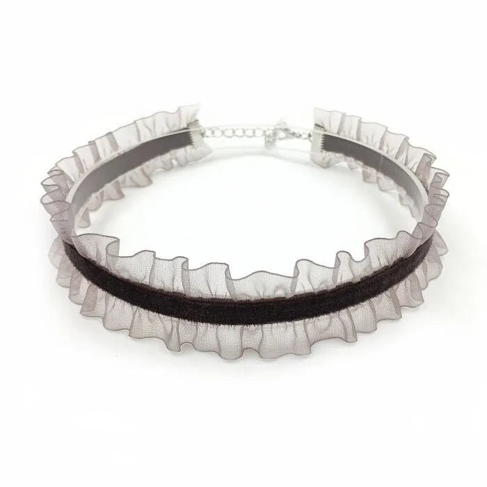 Velvet ruffled floral alloy necklace on a snake bones chain in black, light coffee, or white colour options.