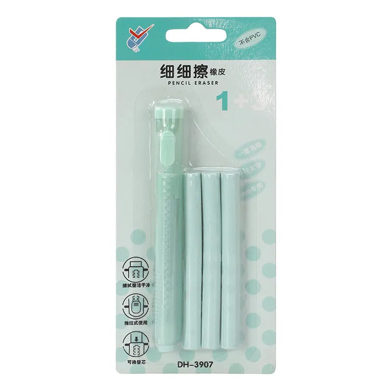 Push type traceless automatic eraser set showing blue, green, pink, and purple units