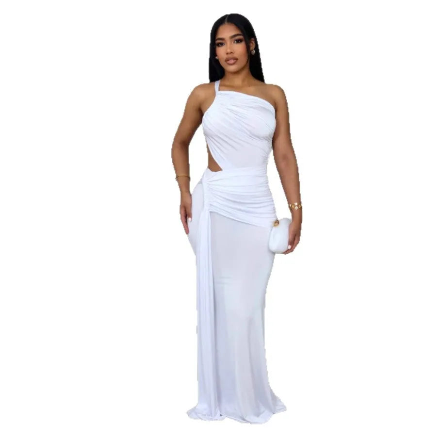 Women's solid colour one-shoulder long dress with a pleated skirt in a milk silk blend fabric.