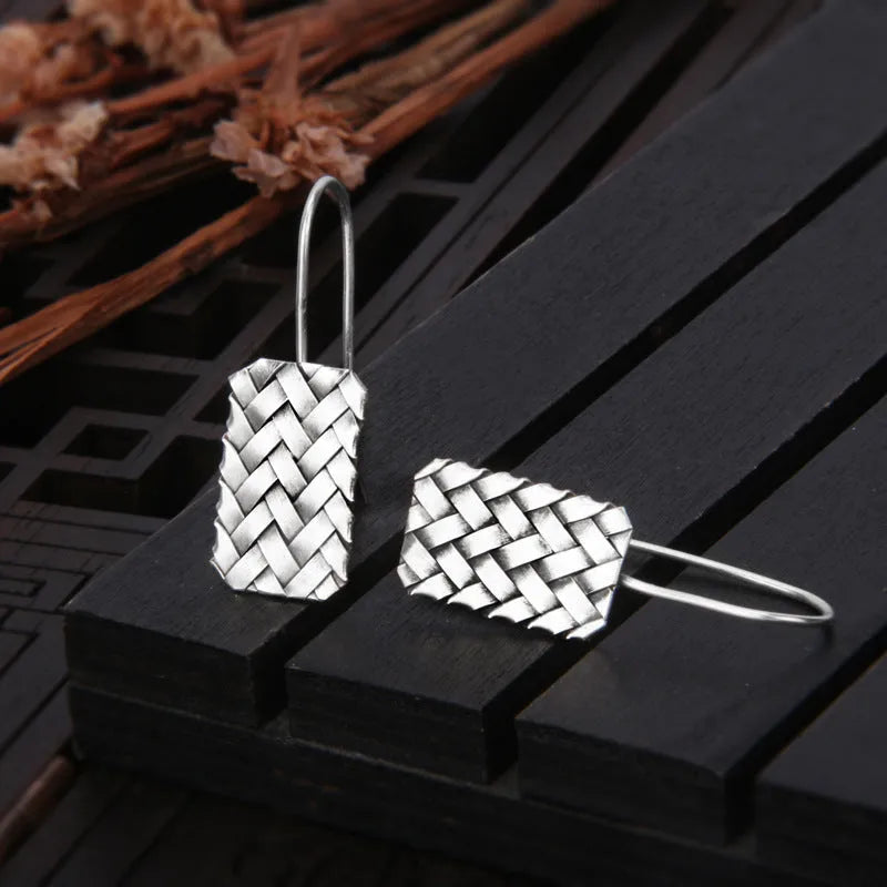 Silver geometric diamond plaid earrings with woven pattern design measuring 17.5mm