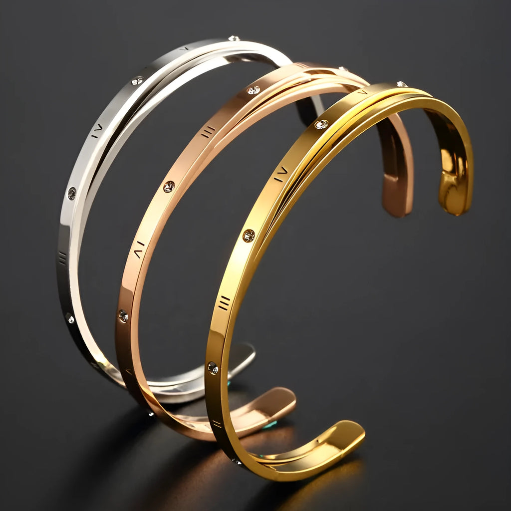 Open-ended women's bracelet with inlaid zircon stones on wrist