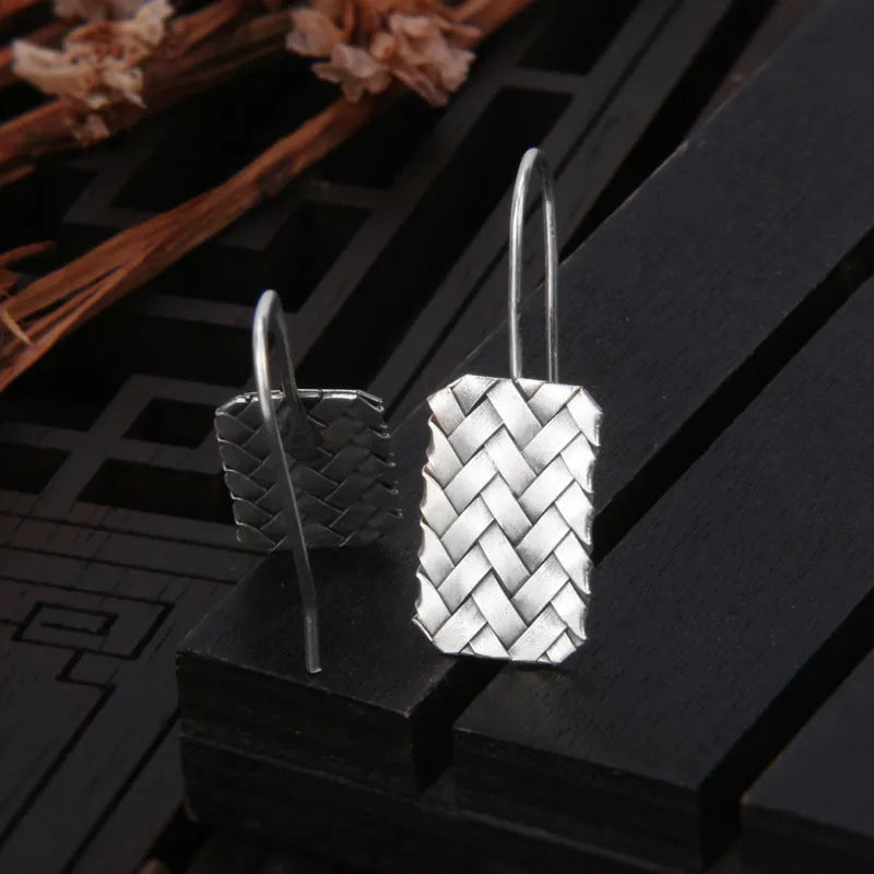 Silver geometric diamond plaid earrings with woven pattern design measuring 17.5mm