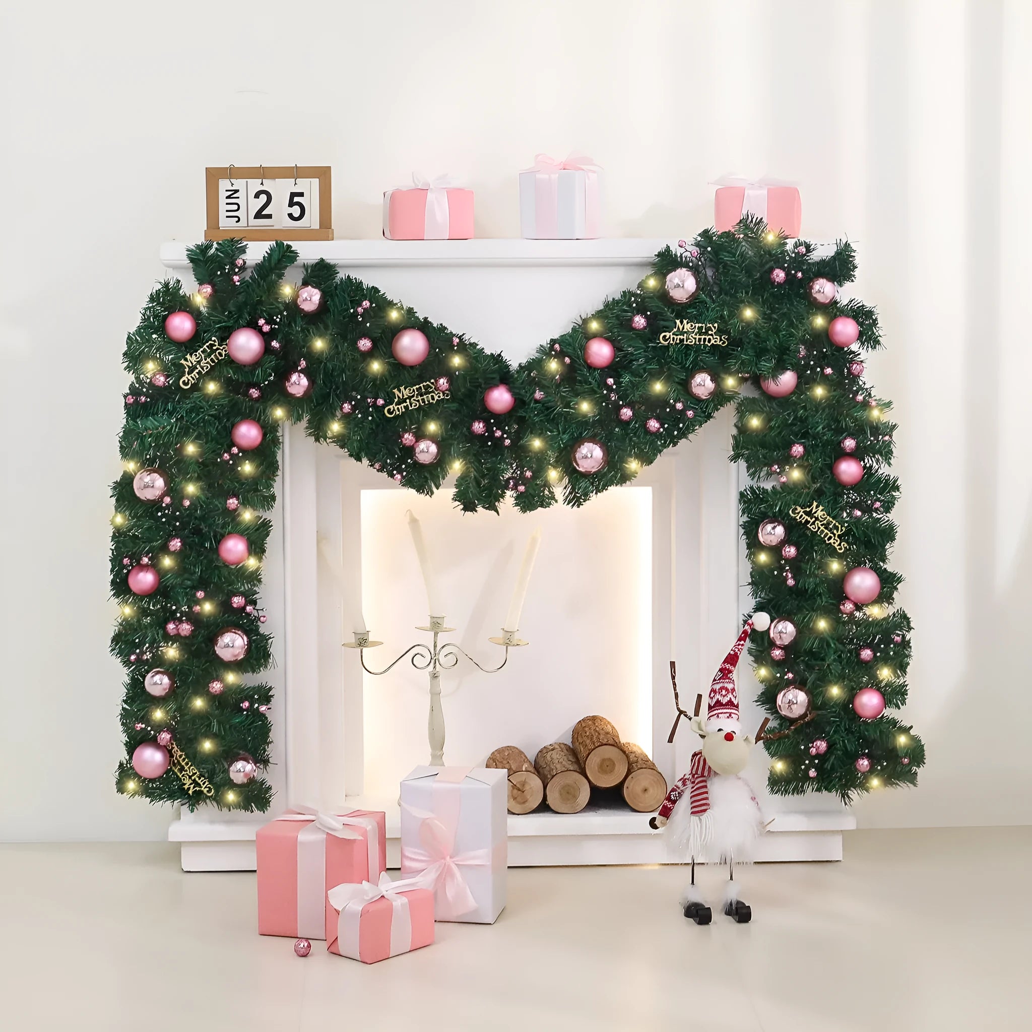 2.7 metre pink Christmas rattan vine garland with 240 decorations and optional LED lights