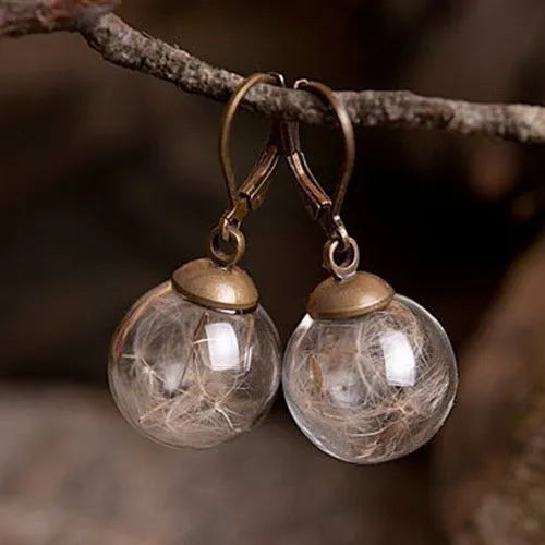 Transparent glass earrings with crystal dandelion seed design on French hooks