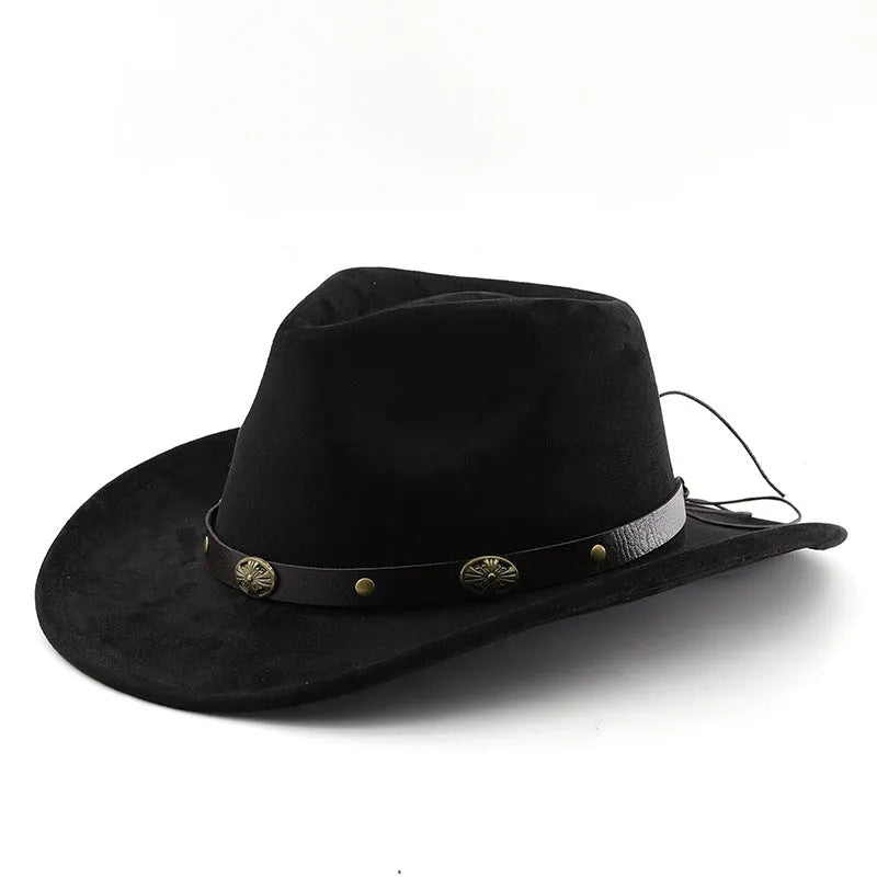 Brown leather velvet western cowboy hat with curved edge and conical crown style