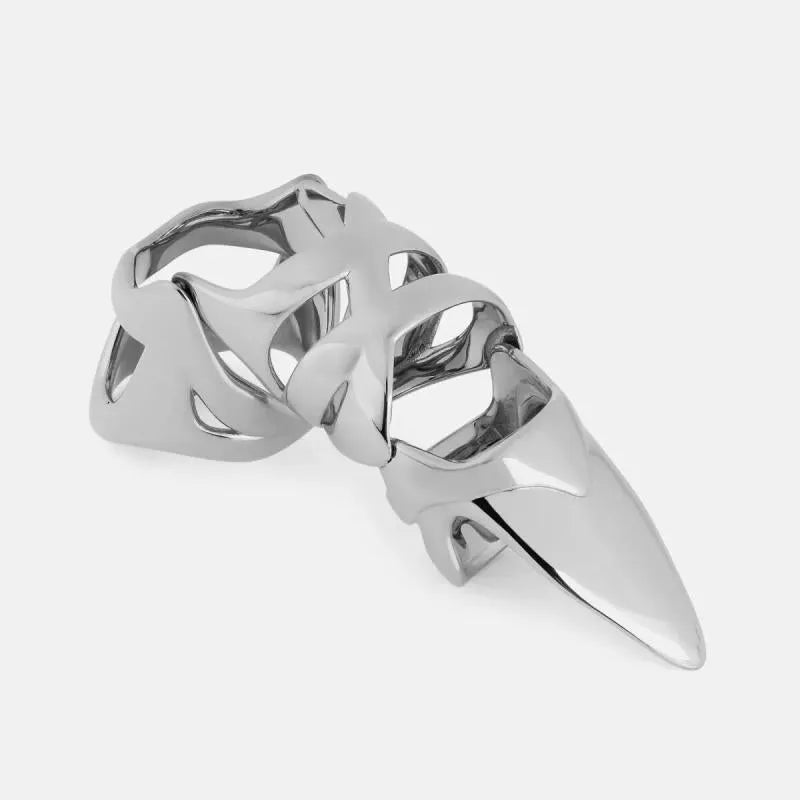 Silver punk armour finger stall ring made of alloy, shown on a finger.