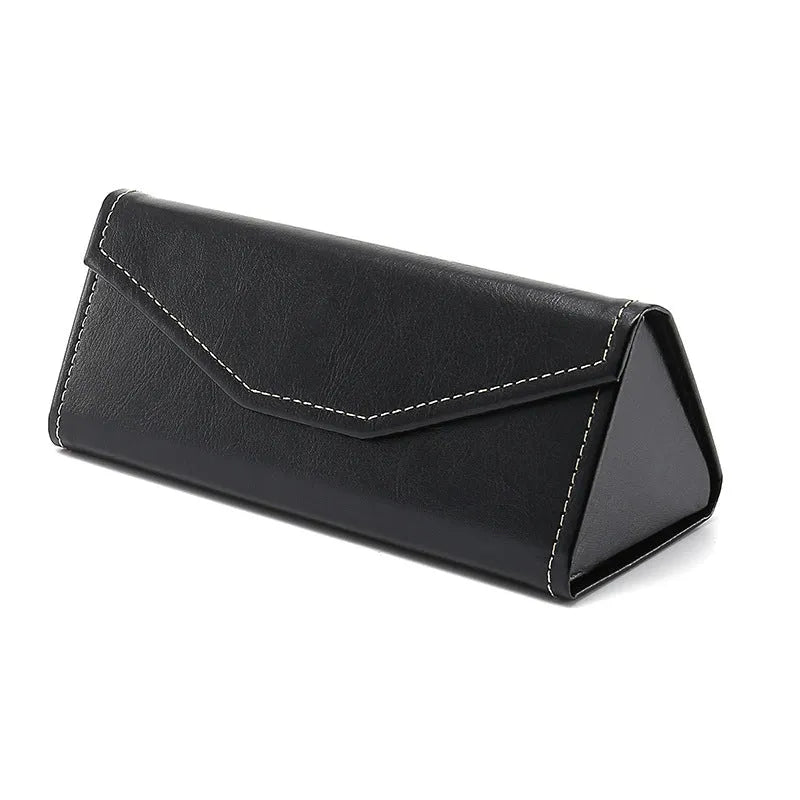 Black triangle folding glasses case with handmade stitching on PU cowhide exterior