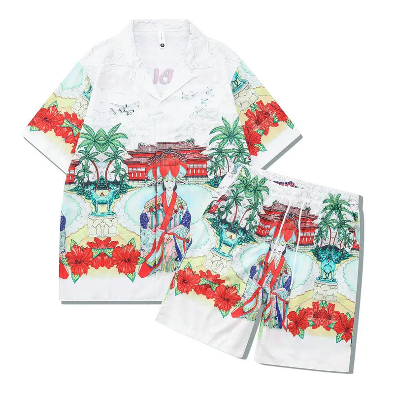 Plaid print beach shirt and trouser outfit set in European American style with short sleeves