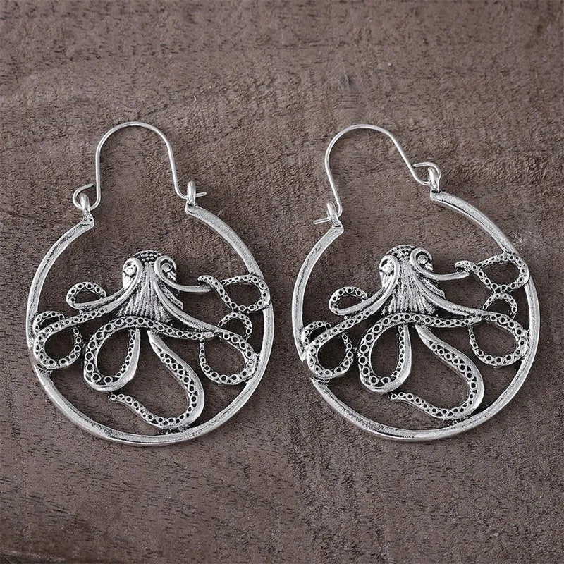 Vintage antique silver octopus earrings with zinc alloy construction and electroplated finish